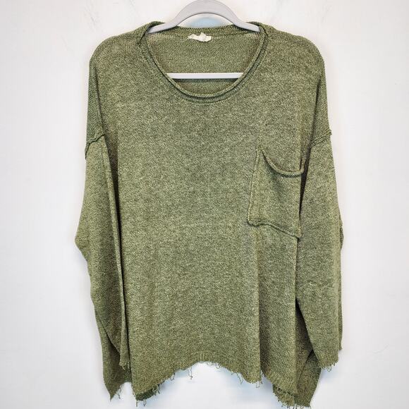 Easel Oversized Boxy Knit Top Size L Green Slouchy Raw Ripped Hems Drop Shoulder - Picture 1 of 11
